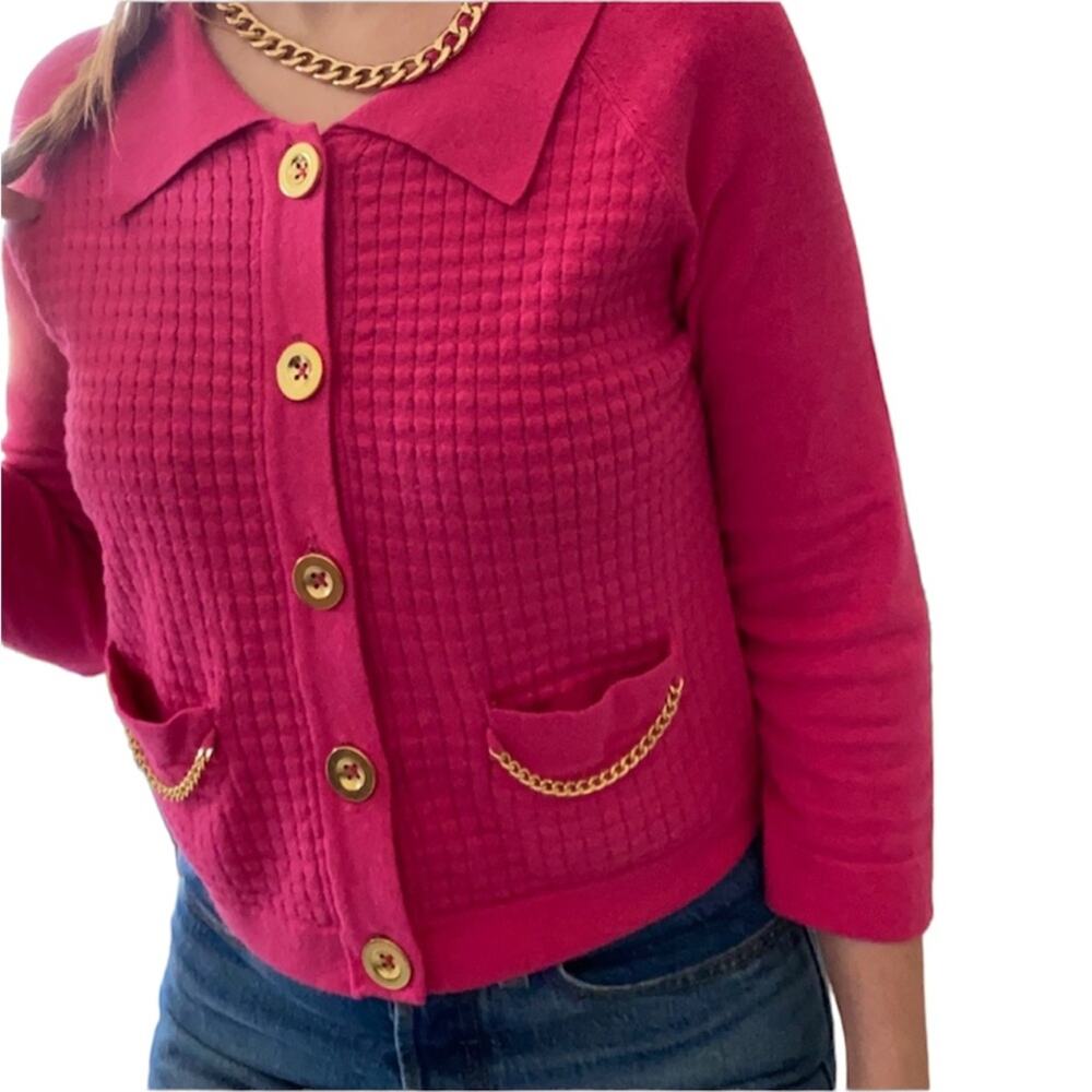 WD NY Vintage Retro Hot Pink Gold Chain Barbie Cotton Blend Cardigan Sweater S